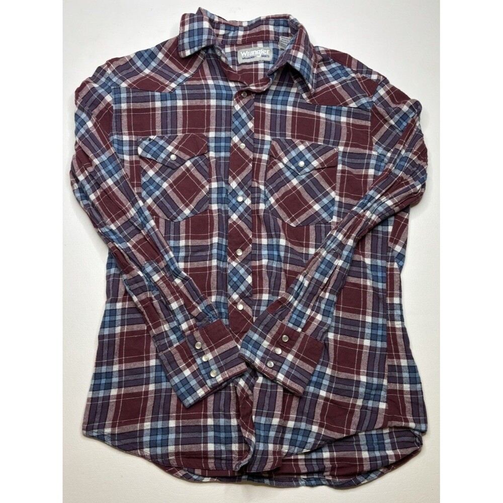 Wrangler “Wrancher”Shirt Mens Size M Maroon Flannel Plaid Long Sleeve Pearl Snap
